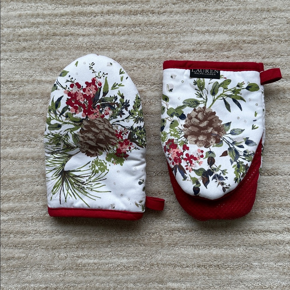 LAUREN RALPH LAUREN Mini Oven Mitts PINE CONE SET OF 2 Silicone Cotton Potholder